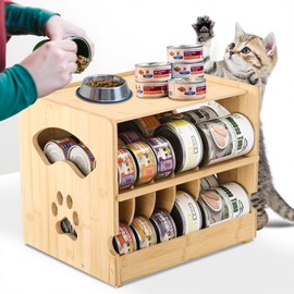 HOSASSPER Bamboo Cat Food Can Organizer. Upgraded 2-tier stackable design Holds 42 (3oz) cans. Perfect for pantry/kitchen Durable & space-saving pet food storage rack (Small)