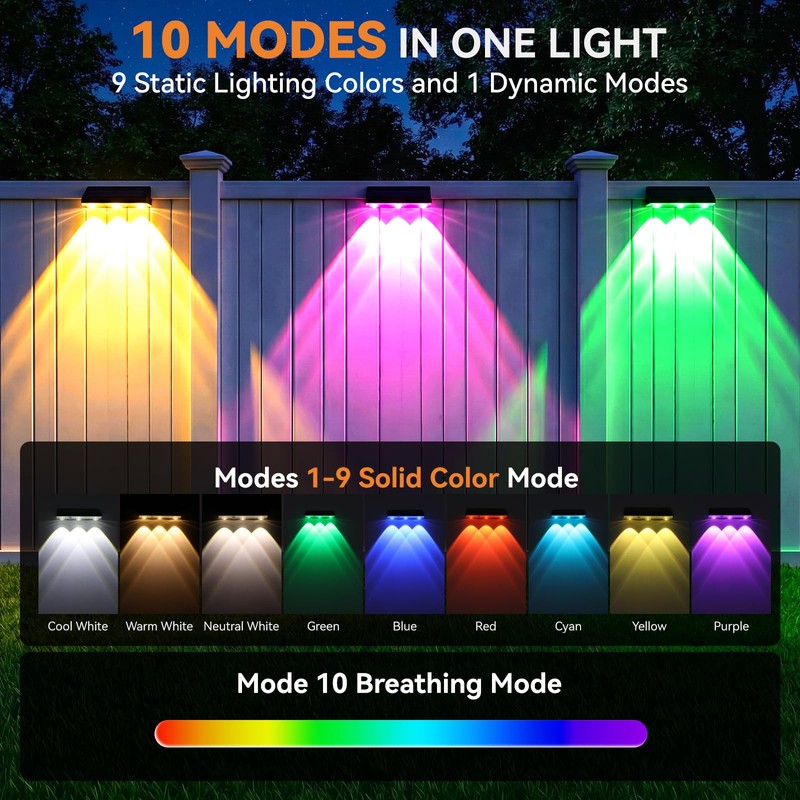 Solar Fence Lights Outdoor 10 Pack, Upgraded Brightness 3X LED
