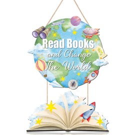 TOARTi Read Books and Change The World Motivational Sign Hanging(11.4''x16.2''), Rustic Reading Corner Classroom Library Wall Decor, Inspirational Reading Sign Plaque Gift for Book Reading Lover Kids