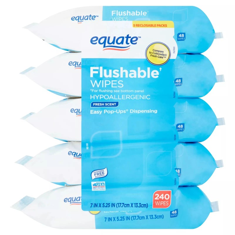 Equate Flushable Wipes, Fresh Scent, 5 packs of 48 wipes,