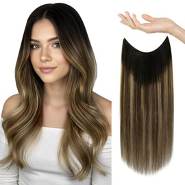 Sunny Wire Hair Extensions Real Human Hair Fish Line Human Hair Extensions Invisible Wire Extensions Natural Black Roots to Dark Brown with Caramel Brown Ombre #1B/4/27 12 Inch