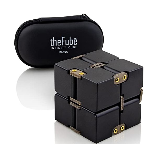 PILPOC theFube Infinity Cube Fidget Desk Toy - Premium Quality Aluminum Infinite Magic Cube with Exclusive Case, Sturdy, Heavy, Relieve Stress and Anxiety, for ADD, ADHD, OCD (Black)