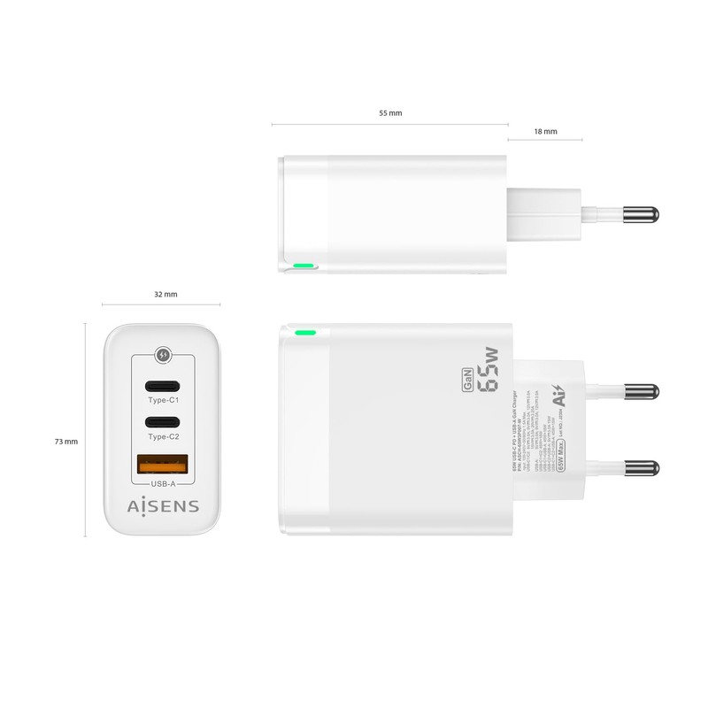 AISENS - ASCH-65W3P007-W - Charger GAN 65W, 2XUSB-C PD3.0 QC4.0,