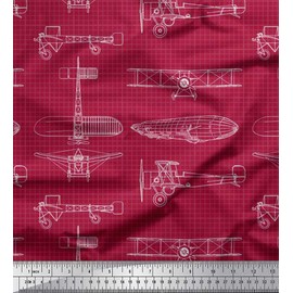 Soimoi Red Cotton Cambric Fabric Check & Airplane Transport Printed Fabric 1 Yard 56 Inch Wide