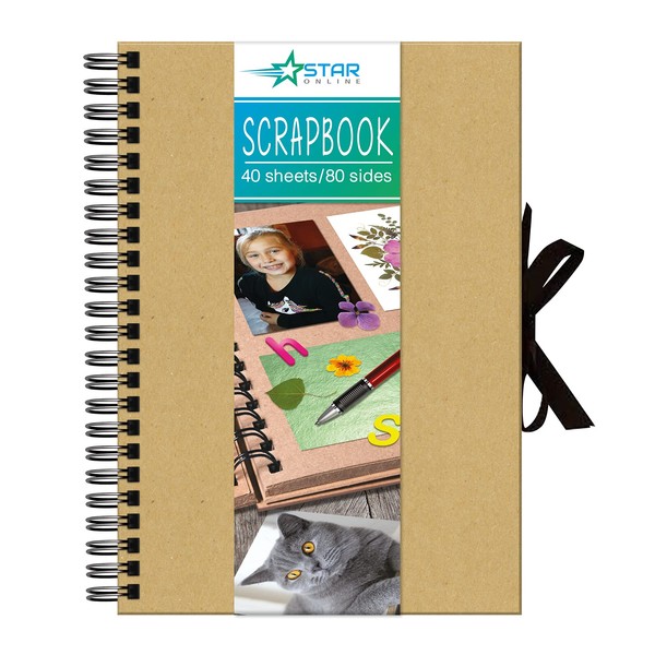 Star Online A4 Kraft Scrap book 80 Pages Scrapbook Kit Photo Album Wiro Bound Display Eco-Friendly Book with Ribbon Closure and 2 Metallic Marker Pens and Photo Corners