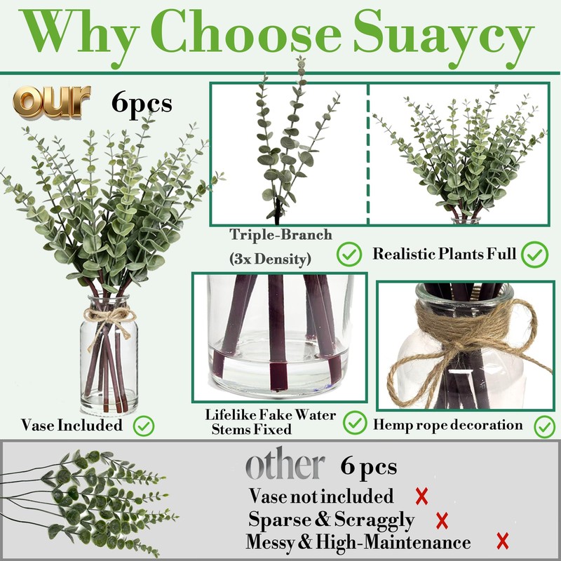 Artificial Eucalyptus Stems in Glass Vase with Faux Water, 17.5"