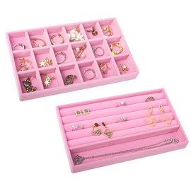Nwvuop Pack of 2 Jewellery Trays, Velvet Jewellery Storage Drawer, Stackable Jewellery Organiser for Earrings, Necklace, Bracelet, Ring, 21 x 12.3 x 2.5 cm (Pink)