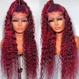 UTracycoy 99j Burgundy Lace Front Wigs Human Hair 13x6 Deep Wave HD Lace Front Wigs Pre Plucked with Baby Hair 180 Density Glueless Wet and Wavy Red Wine Colored Wigs Human Hair for Women 32 Inch