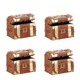 Relaxdays Set of 4 Pinata Treasure Chests for Hanging for Children, Girls, Boys, Birthday, Filling, HxWxD: 27 x 30 x 23 cm, Brown