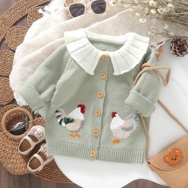 Baby Girl Cardigan Knit Sweater Animal Embroidery Chunky Coat Doll Collar Knitwear Toddler Infant Spring Clothes (Rooster-Green, 6-9 Months)