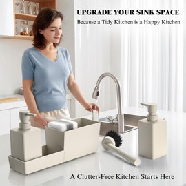 zuxzmj Kitchen Soap Dispenser Set with Sponge Holder and Brush for Sink Rack Hand Soap and Dish Soap Dispensers Beige 4-in-1