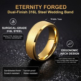 OreilleStar Stainless Steel Rings for Men Women: 7mm Wedding Band Ring Sandblasted Outer Beveled Polished Inner Comfort Fit Mens Promise Engagement Ring Gold Silver Black Size 6-12 (Gold, 11)