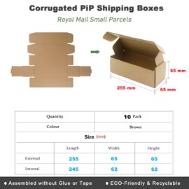 Corrugated Cardboard Shipping Boxes, 255×65×65mm Royal Mail Small Parcel PiP Postal Boxes, Long Narrow Brown Packaging Mailing Boxes for Business, Posting, Storing or Gift (Pack of 10)