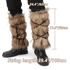 KUOIN Medieval Faux Fur Leg Warmers, Fluffy Leg Wraps Boots Covers with Strap (Brown) (A)