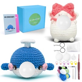 Hicrochet Press Bubble Crochet Kit for Beginners, Beginner Crochet Kit for Adults &Kids with Step-by-Step Video Tutorial &Pattern Online, DIY Knitting Kit Supplies 40%+ No Split Yarn(Whale+Pink Cat)