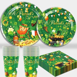 72 Pcs St.Patrick Day Party Tableware Set Include Green Shamrock Dinner Plates,Dessert Plates,Paper Cups,Napkins,Happy St.Patrick Day Festival Party Supplies for 16 Guests