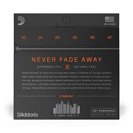 D'Addario Cuerdas para guitarra acústica, XT 80/20 bronce recubierto, XTABR1047, calibre extra ligero 10-47, juego de 6 cuerdas, paquete de 1