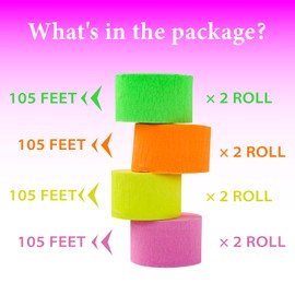 840Feet 8 Rolls Neon Party Streamers Decorations Glow in The Dark Party Supplies, Crepe Paper Streamers UV Reactive Fluorescent Glow Decor for Pool Party Stuff Wedding Birthday Blacklight