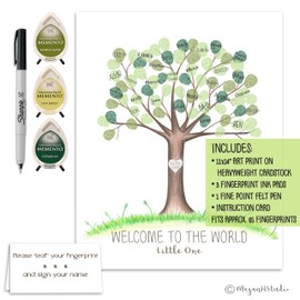 Baby Shower Fingerprint Tree Guestbook Alternative, Thumbprint Tree with Ink Pads for a Gender Neutral Baby Shower Keepsake, 11x14 Inch