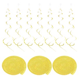 sourcing map 30 Pcs Laser Gold Party Hanging Swirls Double Strip Hanging Decorations 24 inch Foil Swirling Hanging Plastic Ceiling Streamers for Birthday Party with Hang Tag Hook