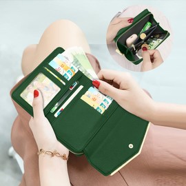 HNOOM Women's Small Purse, PU Leather Purse with Zip, Coin Compartment, Mini Wallet, Credit Card Holder with 9 Card Slots, Gifts for Women, Green, Modern