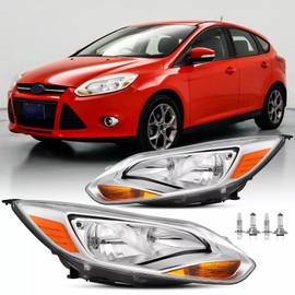 2PCS Headlights Assembly With Bulbs For 2012 2013 2014 Ford Focus SE SEL Titanium Base Hatchback Sedan Replacement Halogen Headlamps Driver and Psaaenger Side Chrome Housing Amber Reflector