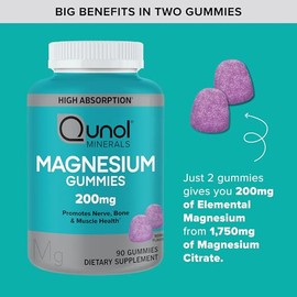 Qunol Magnesium Gummies for Adults, 200mg Citrate Gummies, High Absorption Supplement, Supports Nerve Health, Bone Muscle Vegetarian, 90 Count