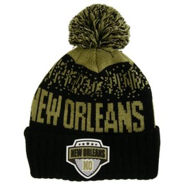 New Orleans City Name Rubber Patch Ribbed Winter Knit Pom Beanie (Khaki/Black)