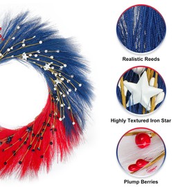24 Inch Patriotic Wreath for Front Door - 4th of July Memorial Wreaths Red White and Blue Wreaths Americana Independence Day Flag Wreath for Indoor Outdoor Decor