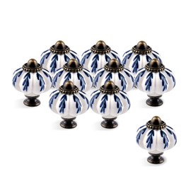 IEIK 10Pcs Pumpkin Ceramic Drawer Knobs, Dresser Knobs Vintage Door Pull Handles Retro Antique Floral Leaf Pattern for Furniture Drawer Dresser Cabinet with Screws (White/Blue)