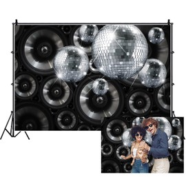 Renaiss 8x6ft Black Silver Discos Party Backdrop Retro Music Speaker Night Club Music Dance Concert Stage Photography Background for 70s 80s 90s Discos Theme Party Decor Photo Studio Props