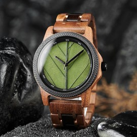 EBONY Wood Watch for Men Natural Wooden Japanese Quartz Minimalist Style Mens Wristwatch Unique Real Leaf Vein Dials Lightweight Casual Watches (MWL-Green)