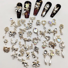Nail Art Hearts and Bows,50PCS Mixed 3D Gold Pearl Rhinestones Bowknot Luxury Dangle Nail Art Charms (C Mixed Pattern Gold)