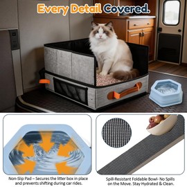 AMBAYLOG Travel Litter Box for Cats, Large Portable Collapsible Cat Litter Box with Hard Bottom & Splash Guard, Leak-Proof Travel Kit with Bowl, Scoop & Anti-Slip Mat, 19.7" x 15.4" x 5.1"