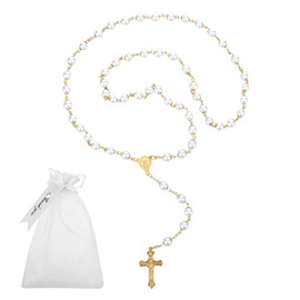 Rosary Beads Catholic for Women,Gold White Rosary Necklace for Women,Glass Pearl Beads Rosary Necklaces,Imitation Pearl Bead Necklace Rosarios Catolicos with Pouch,Catholic Gifts for Adults