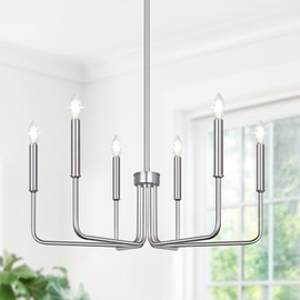 6-Light Farmhouse Chandelier for Dining Room Lighting Fixtures Hanging, Brushed Nickel Dining Light Fixtures Industrial Chandelier for Bedroom, Foyer, Hall, Kitchen, Living Room and Entryway