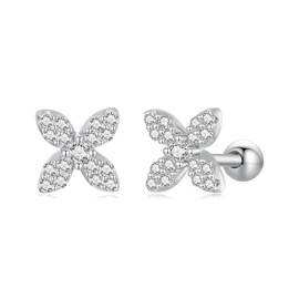Rockyu Women's 925 Sterling Silver, Flower Motif, Cubic Zirconia Stud Earrings, Simple, Daily Use, Wedding, Birthday Gift, Sterling Silver, Cubic Zirconia