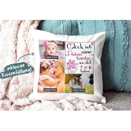 Cushion with Cushion Filling with Photo Collage to Design Yourself with Three Photos and Saying "Glück ist, eine Patentante wie Dich zu haben, Colour Cushion Back, Black, 40 x 40 cm