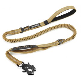 Raipult Heavy Duty Tactical Bungee Dog Leash, 4-6FT No Pull Leash with Quick Release Carabiner, Reflective Shock Absorbing Lead with Car Seatbelt for Medium Large Dogs,Khaki