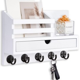 Lucundm Key Holder Wall Mount, Mail Holder with Storage Drawer and 5 Key Hooks for Coat, Dog Leash, Home Decor Rack, House Accessories, Entry Way Organizer