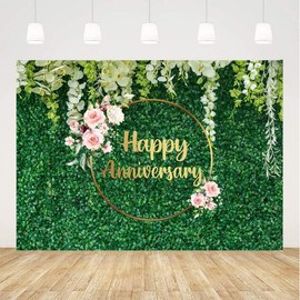 Ticuenicoa 9x6ft Green Grass Wall Floral Happy Anniversary Backdrop for Flower Love Cheers to 10 Years 50th Wedding Birthday Party Supplies Decorations Banner Photo Booth Props Gifts Background