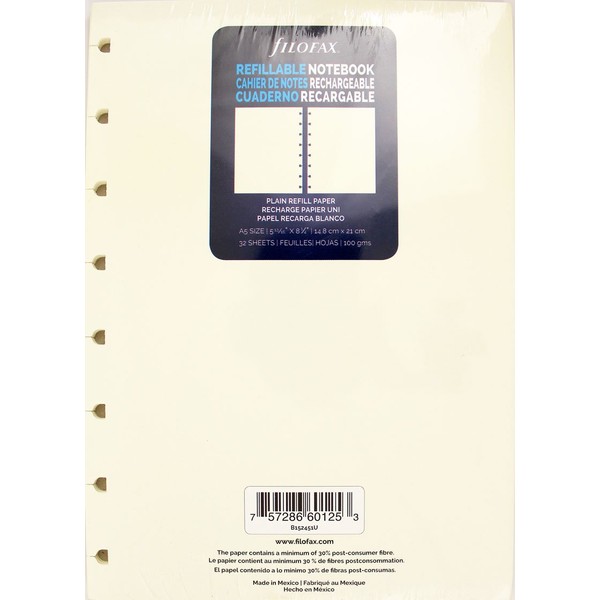 Filofax Notebooks A5 Plain Journal Refill, Movable, 8 1/4 x
