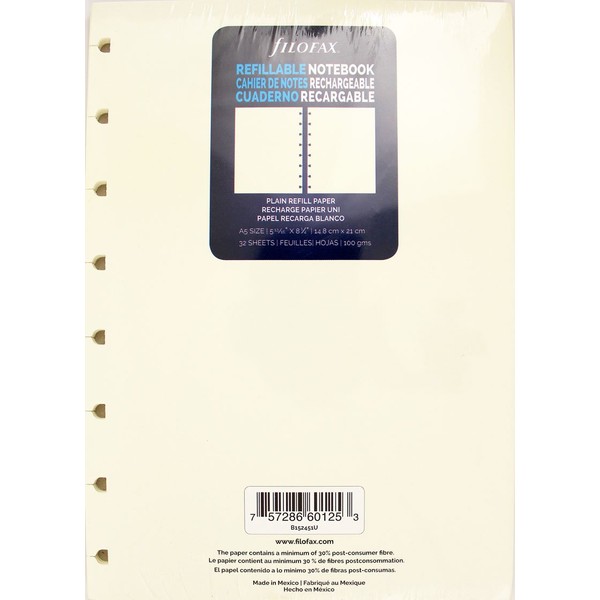 Filofax Notebooks A5 Plain Journal Refill, Movable, 8 1/4 x 5 13/16 inches, 32 Cream Sheets Fits Filofax Refillable A5 Journals (B152451U)