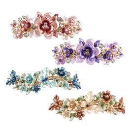 Pack of 4 Fancy Delicate Flowers Butterfly Leaf Rhinestone Glitter Sparkling Metal Hair Clips Snap Hair Clips Handle Hair Pins Clamp Thick Hair Ponytail Bun Chignon Holder for Women