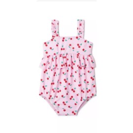 Wonder Nation Baby Girl One Piece Bathing Suit Pink Cherry Ruffle Swimsuit Swimwear 3-6 MO