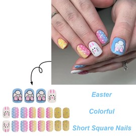 24Pcs Easter Press on Nails Short Square Fake Nails Easter Bunny Acrylic Nails Pink Blue Yellow Gradient Cute Rabbit Designs Glue on Nails Full Cover Artificial False Nails for Women Girls