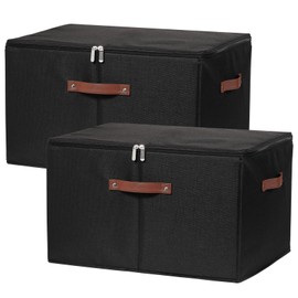 VinneGenzz 2 Pack Storage Bins with Zipper Lid Cotton Linen Fabric Lidded Storage Baskets Boxes Foldable Washable Closet Shelf Clothes Organizer Container with PU Leather Handles (Black, Jumbo Size)