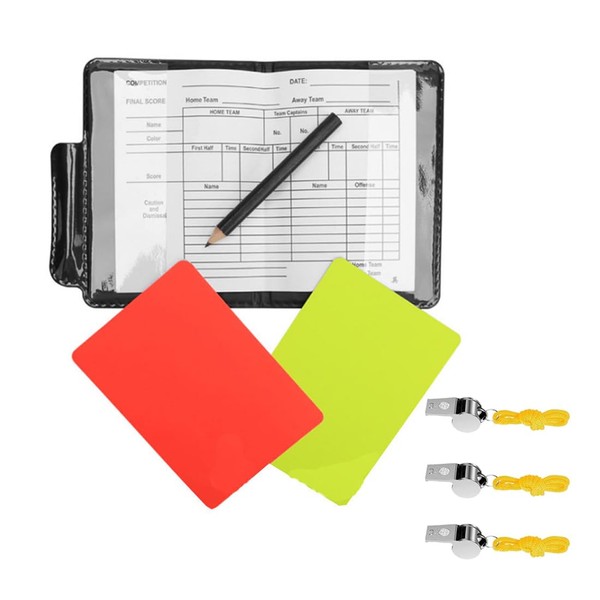 JSKWIKE 1 Piece Referee Set Sports Referee Cards Set with 3 Metal Referees Whistle Football Referee Set Including Game Notes Ballpoint Pen Disciplinary Cards