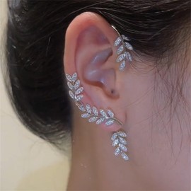 FUTIMELY Crystal Leaf Ear Cuff Earring for Women,Goth Elf Fairy Ear Wrap Earrings Non-Piercing Fake Climbers Crawler Earring Bridal Wedding Jewelry (Leaf Ear Cuff-S L)