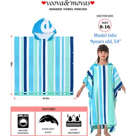 VOOVA & MOVAS Hooded Bath Towels for Big Kids | Teens (8-16Years), 100% Cotton Absorbent Thick Poncho Towel for Kids, Perfect for Pool, Beach, Bath,Blue White Stripe